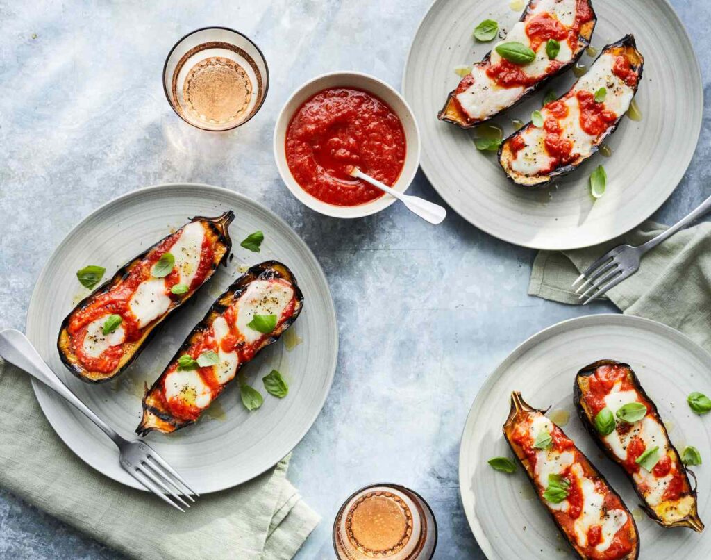 eggplant appetizer with tomatoes and blue cheese